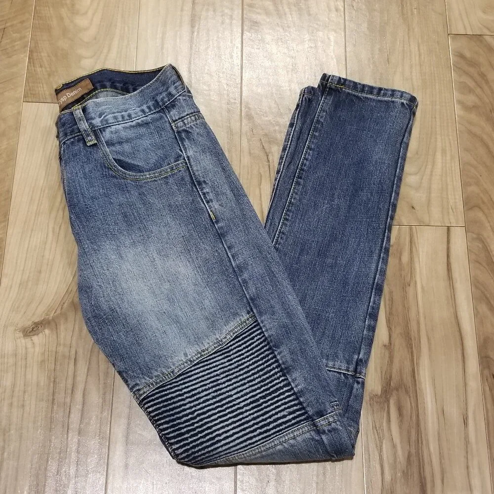 Crysp Denim Men Moto Biker Jeans Size 30 Blue Cotton Ribbed Pleated Panel Slim